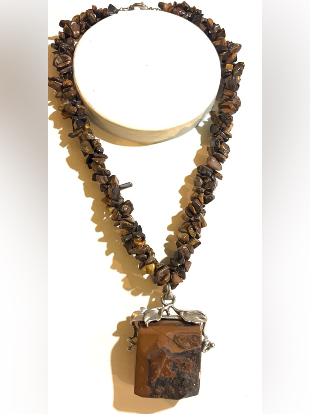 Handmade Brown Tiger Eye Chip Necklace with Stone Pendant -